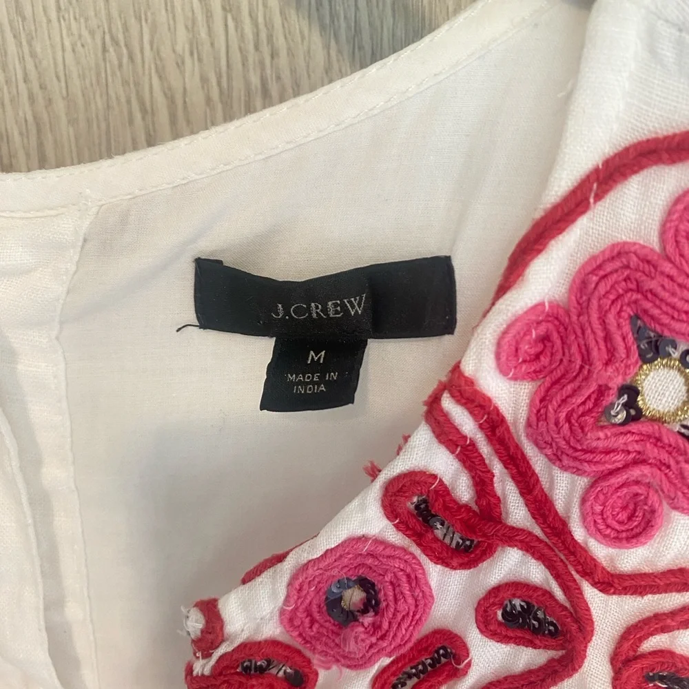 J. Crew White Linen Dress with Pink Embroidered Neckline